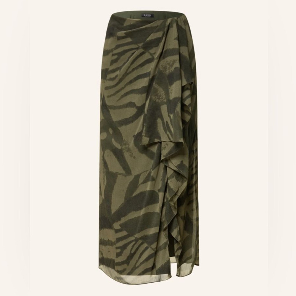 NWT Lauren Ralph Lauren Skirt Womens Size 2‎ Green Zebra Print Wrap Midi Ruffle